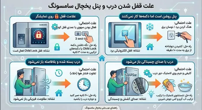 جدول دلایل قفل شدن یخچال سامسونگ