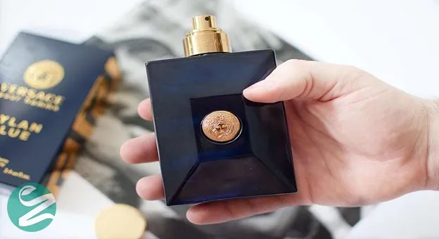 Hand holding Versace Dylan Blue perfume bottle with packaging in background