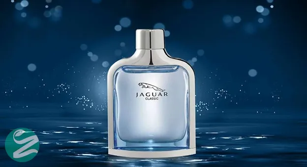 Jaguar Classic perfume bottle with silver accents on a sparkling blue background