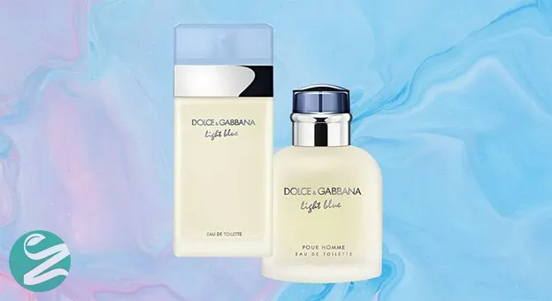Dolce & Gabbana Light Blue Eau de Toilette bottles for men and women against a pastel blue and pink background